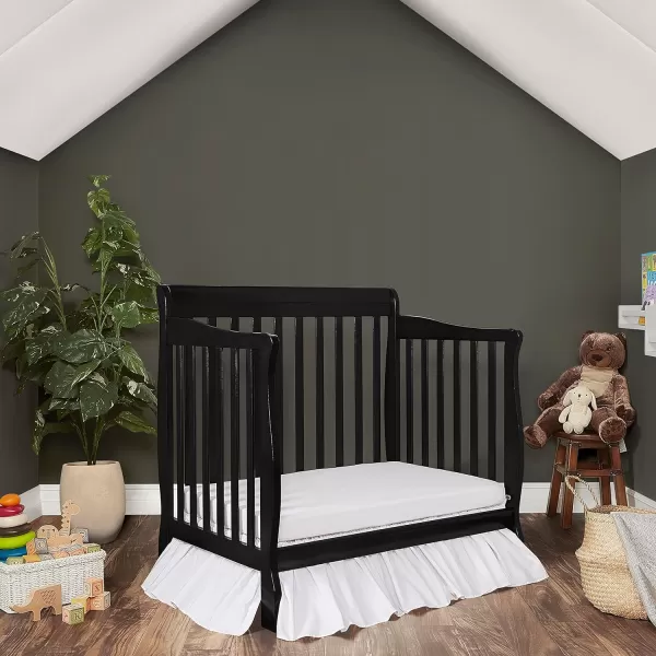 Aden 4-in-1 Convertible Mini Crib In Black, Greenguard Gold Certified, Non-Toxic Finish, New Zealand Pinewood, With 3 Mattress Height Settings