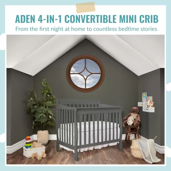 Aden 4-in-1 Convertible Mini Crib In Black, Greenguard Gold Certified, Non-Toxic Finish, New Zealand Pinewood, With 3 Mattress Height Settings