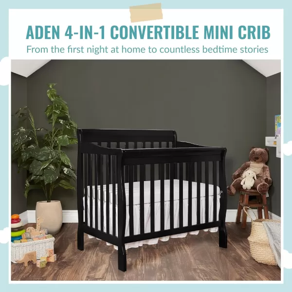 Aden 4-in-1 Convertible Mini Crib In Black, Greenguard Gold Certified, Non-Toxic Finish, New Zealand Pinewood, With 3 Mattress Height Settings