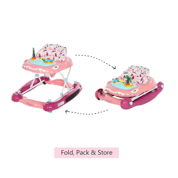 Baby Steps Baby Walker in Pink, Adjustable Three Position Height Setting, Removable Tray, Easy to Fold and Store Baby Walker