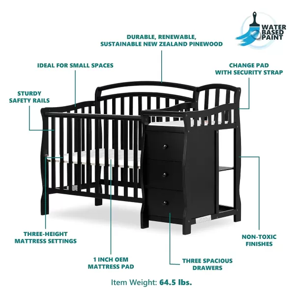 Casco 3-In-1 Mini Crib And Changing Table In White, Convertible Crib, Made Of Pinewood, Three Position Adjustable Mattress Height Settings