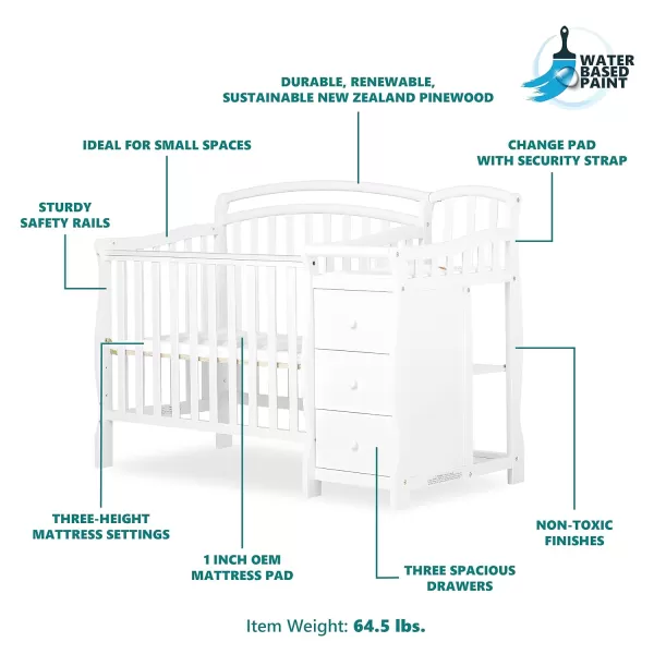 Casco 3-In-1 Mini Crib And Changing Table In White, Convertible Crib, Made Of Pinewood, Three Position Adjustable Mattress Height Settings