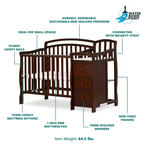 Casco 3-In-1 Mini Crib And Changing Table In White, Convertible Crib, Made Of Pinewood, Three Position Adjustable Mattress Height Settings