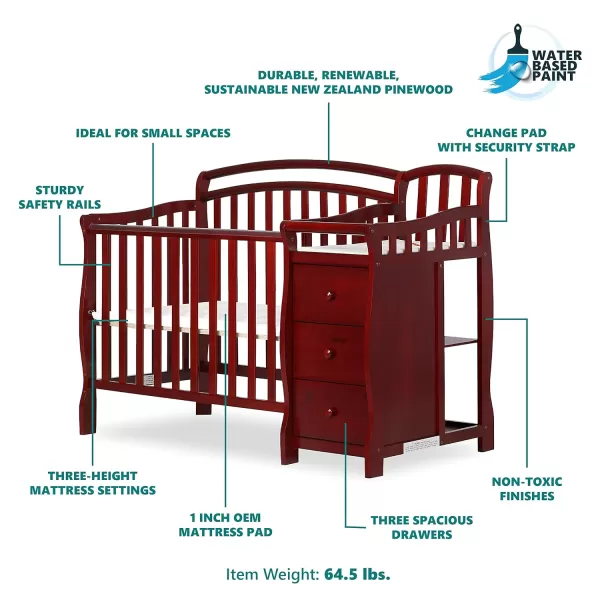 Casco 3-In-1 Mini Crib And Changing Table In White, Convertible Crib, Made Of Pinewood, Three Position Adjustable Mattress Height Settings