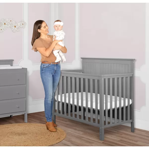 Dream On Me Ava 4-in-1 Convertible Mini Crib in Pebble Grey, 635-PG, Greenguard Gold Certified, Non-Toxic Finish, Comes with 1" Mattress Pad, with 3 Mattress Height Settings