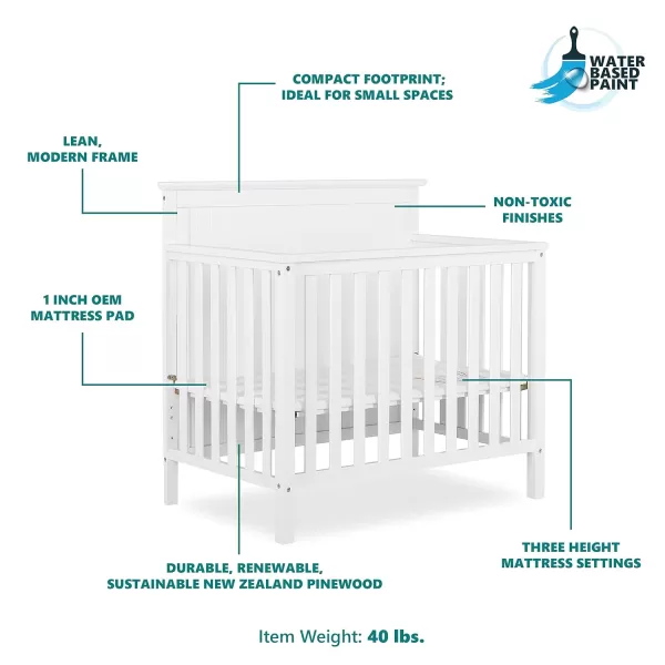 Dream On Me Ava 4-in-1 Convertible Mini Crib in Pebble Grey, 635-PG, Greenguard Gold Certified, Non-Toxic Finish, Comes with 1" Mattress Pad, with 3 Mattress Height Settings