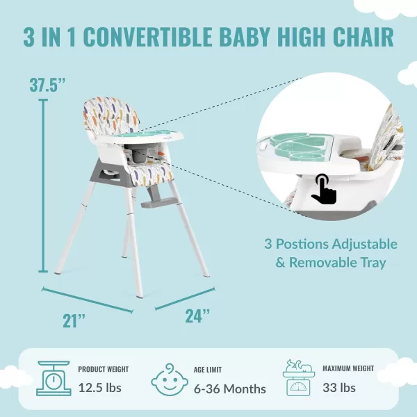 Dream On Me Curio Sit N Seek 3 in 1 Convertible Baby High Chair in Grey, Removable and Adjustable Tray, Portable High Chair, Adjustable Legs, Detachable Footrest, PU Fabric &amp; 5 Point Safety Harness