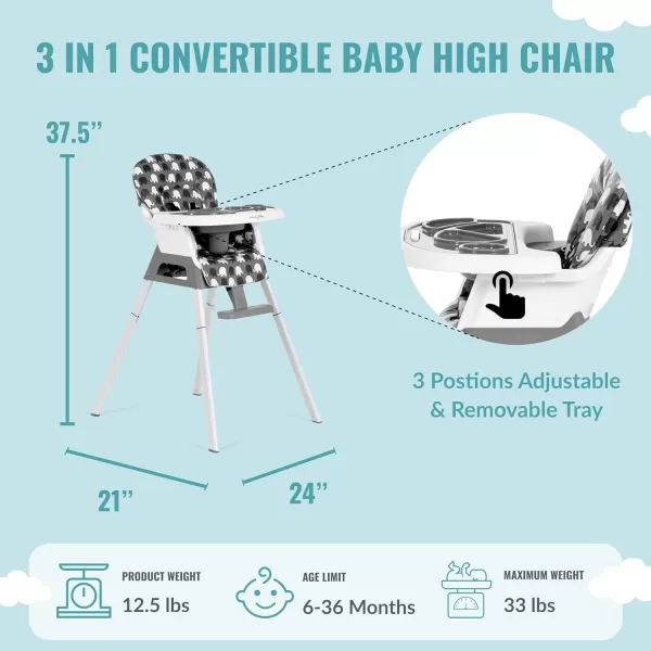 Dream On Me Curio Sit N Seek 3 in 1 Convertible Baby High Chair in Grey, Removable and Adjustable Tray, Portable High Chair, Adjustable Legs, Detachable Footrest, PU Fabric &amp; 5 Point Safety Harness