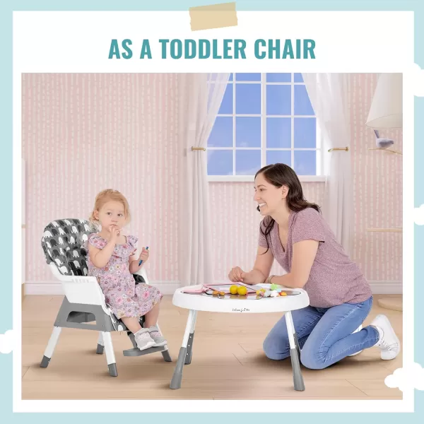 Dream On Me Curio Sit N Seek 3 in 1 Convertible Baby High Chair in Grey, Removable and Adjustable Tray, Portable High Chair, Adjustable Legs, Detachable Footrest, PU Fabric &amp; 5 Point Safety Harness