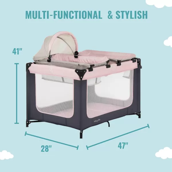 Dream On Me Emily Rose Deluxe Playard in Black and White with Infant Bassinet and Changing Tray, Lightweight Portable and Convertible Playard for Baby, Breathable Mesh Sides and Soft Fabric