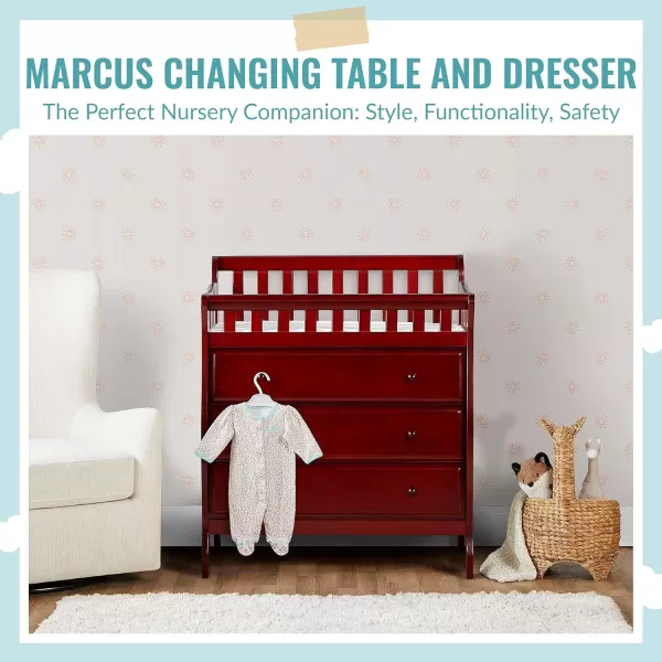 Dream On Me Marcus Changing Table And Dresser In Cherry, Features 3 Spacious Drawers, Non-Toxic Finishes, Comes With 1" Changing Pad, Made Of Solid Wood