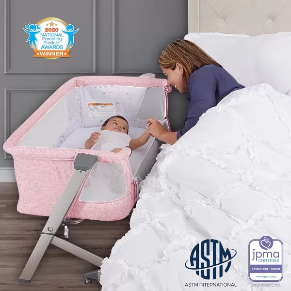 Dream On Me Skylar Bassinet and Beside Sleeper in Pink, Lightweight and Portable Baby Bassinet, Five Position Adjustable Height, Easy to Fold and Carry Travel Bassinet, JPMA Certified