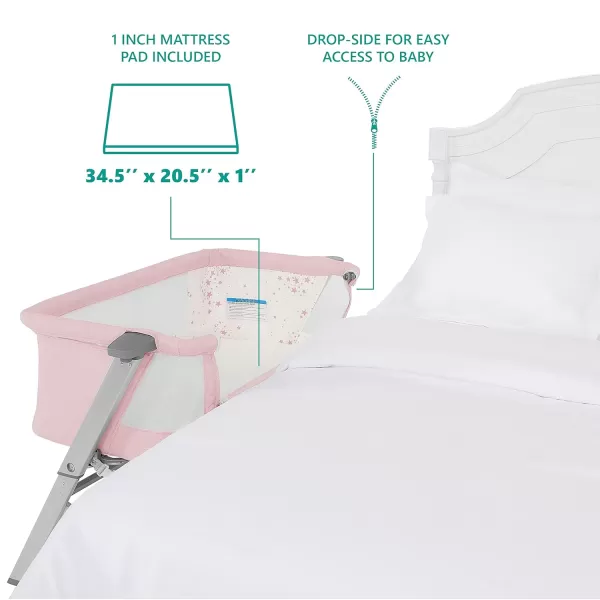 Dream On Me Skylar Bassinet and Beside Sleeper in Pink, Lightweight and Portable Baby Bassinet, Five Position Adjustable Height, Easy to Fold and Carry Travel Bassinet, JPMA Certified