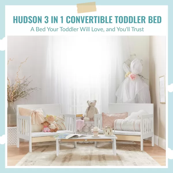 Hudson 3 In 1 Convertible Toddler Bed In White, Greenguard Gold Certified, JPMA Certified, Non Toxic Finishes, Made of Sustainable New Zealand Pinewood