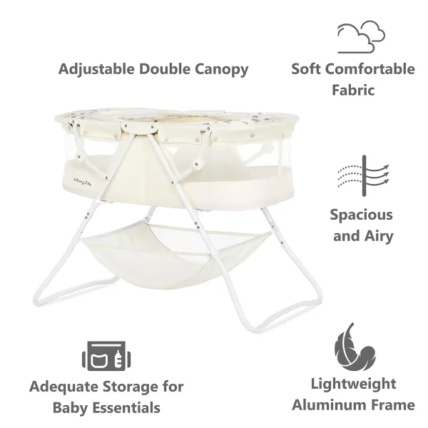 Karley Bassinet in Cool Grey, Lightweight Portable Baby Bassinet, Quick Fold and Easy to Carry , Adjustable Double Canopy, Indoor and Outdoor Bassinet with Large Storage Basket.