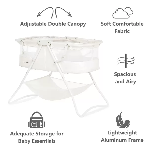 Karley Bassinet in Cool Grey, Lightweight Portable Baby Bassinet, Quick Fold and Easy to Carry , Adjustable Double Canopy, Indoor and Outdoor Bassinet with Large Storage Basket.