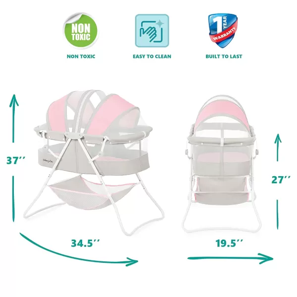 Karley Bassinet in Cool Grey, Lightweight Portable Baby Bassinet, Quick Fold and Easy to Carry , Adjustable Double Canopy, Indoor and Outdoor Bassinet with Large Storage Basket.