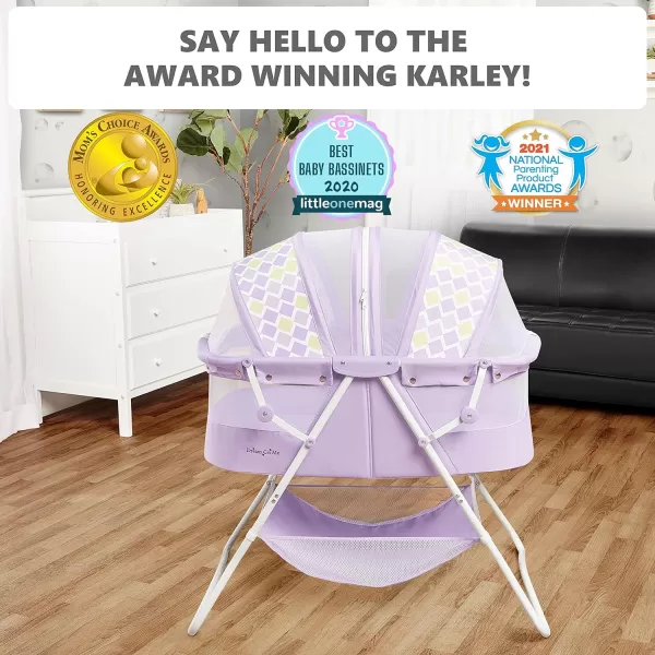 Karley Bassinet in Cool Grey, Lightweight Portable Baby Bassinet, Quick Fold and Easy to Carry , Adjustable Double Canopy, Indoor and Outdoor Bassinet with Large Storage Basket.