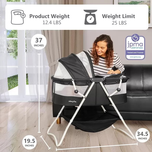 Karley Bassinet in Cool Grey, Lightweight Portable Baby Bassinet, Quick Fold and Easy to Carry , Adjustable Double Canopy, Indoor and Outdoor Bassinet with Large Storage Basket.