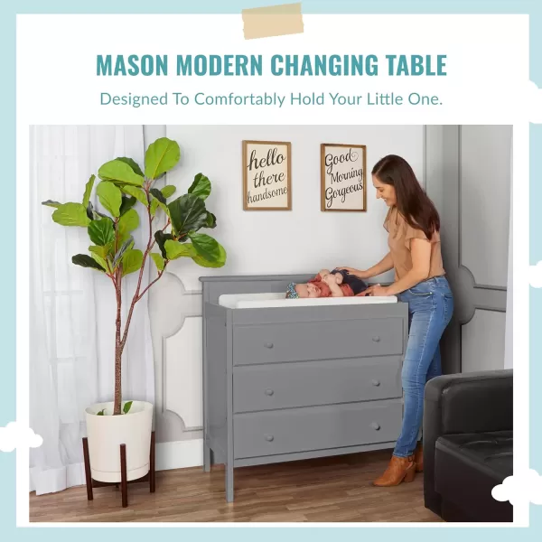 Mason Modern Changing Table with Free Changing Pad in White, Three Spacious Drawers, Made of New Zealand Pinewood, Includes 1" Mattress Pad and Anti-Tipping Kit