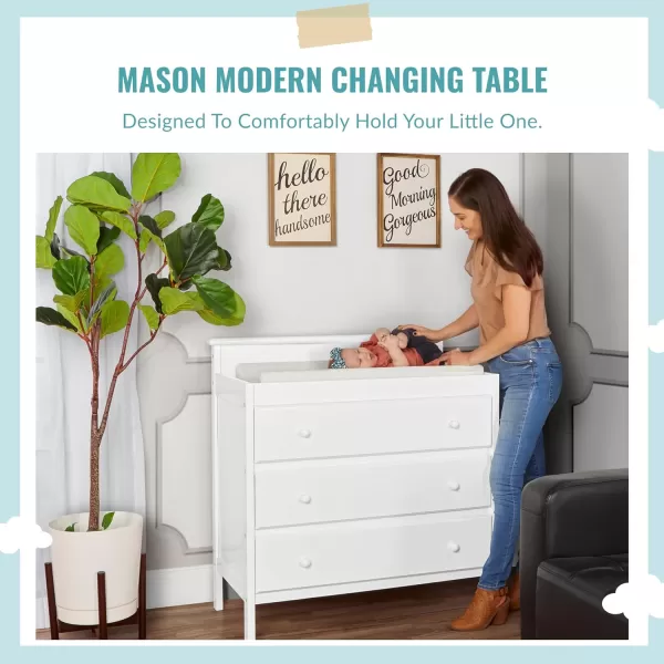 Mason Modern Changing Table with Free Changing Pad in White, Three Spacious Drawers, Made of New Zealand Pinewood, Includes 1" Mattress Pad and Anti-Tipping Kit