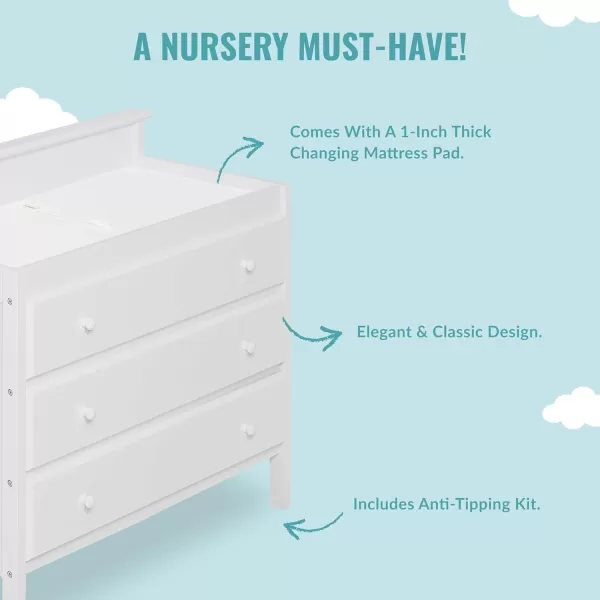 Mason Modern Changing Table with Free Changing Pad in White, Three Spacious Drawers, Made of New Zealand Pinewood, Includes 1" Mattress Pad and Anti-Tipping Kit