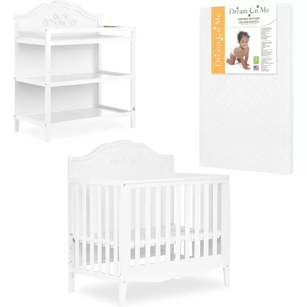 Nursery Essentials Bundle of Sweetpea Baby Rose 4-in-1 Convertible Mini Crib, Sweetpea Baby Jasmine Changing-Table, with a Dream On Me Sunset 3” Extra Firm Fiber Portable Crib Mattress