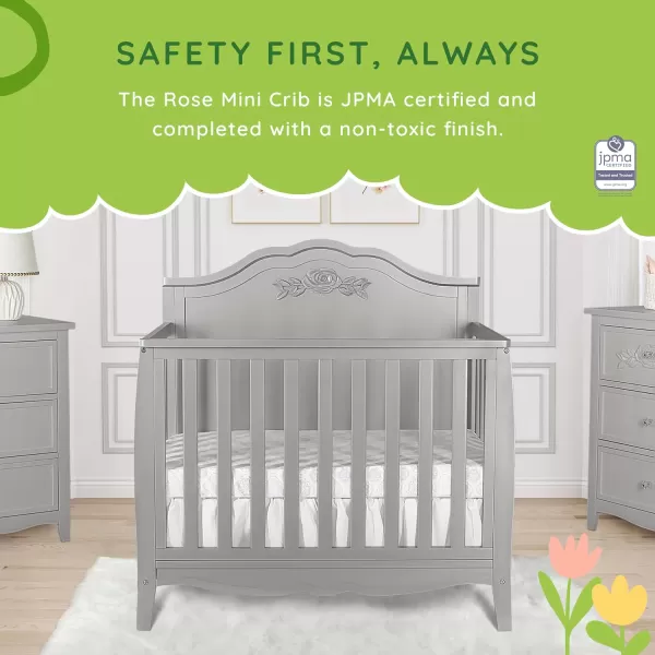 Nursery Essentials Bundle of Sweetpea Baby Rose 4-in-1 Convertible Mini Crib, Sweetpea Baby Jasmine Changing-Table, with a Dream On Me Sunset 3” Extra Firm Fiber Portable Crib Mattress