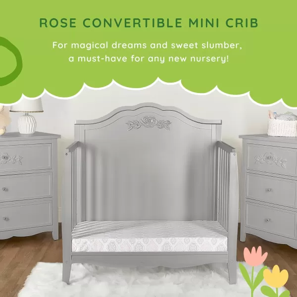 Nursery Essentials Bundle of Sweetpea Baby Rose 4-in-1 Convertible Mini Crib, Sweetpea Baby Jasmine Changing-Table, with a Dream On Me Sunset 3” Extra Firm Fiber Portable Crib Mattress