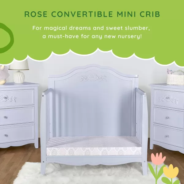 Nursery Essentials Bundle of Sweetpea Baby Rose 4-in-1 Convertible Mini Crib, Sweetpea Baby Jasmine Changing-Table, with a Dream On Me Sunset 3” Extra Firm Fiber Portable Crib Mattress