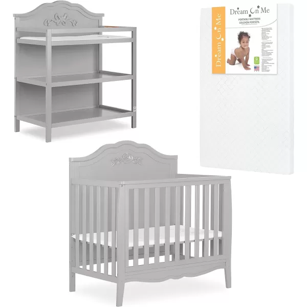 Nursery Essentials Bundle of Sweetpea Baby Rose 4-in-1 Convertible Mini Crib, Sweetpea Baby Jasmine Changing-Table, with a Dream On Me Sunset 3” Extra Firm Fiber Portable Crib Mattress