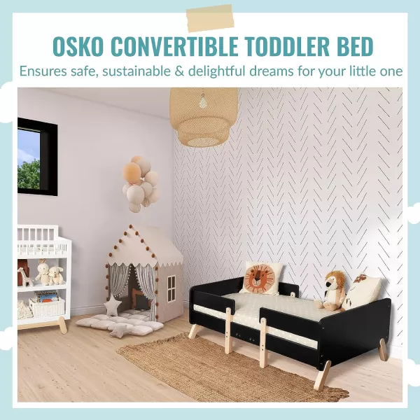 Osko Convertible Toddler Bed Made with Sustainable New Zealand Pinewood in Black, JPMA &amp; Greenguard Gold Certified, Non-Toxic Finish