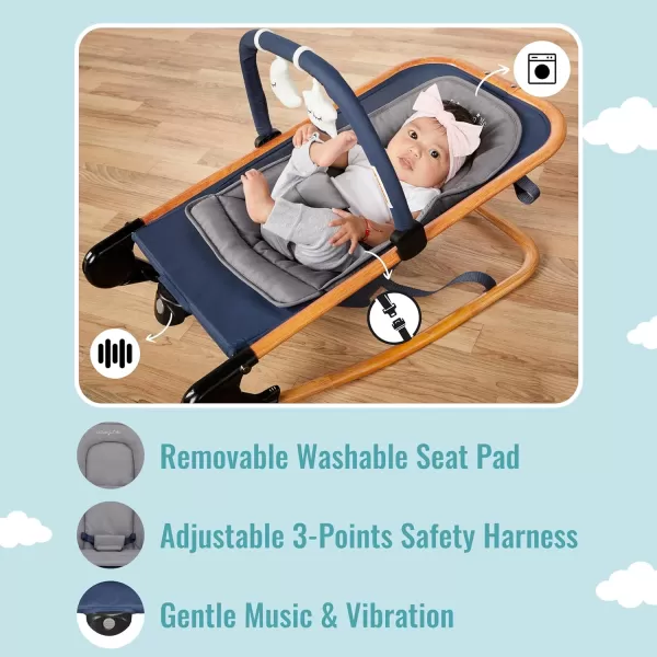 Rock with me 2-in-1 Rocker and Stationary Seat | Compact Portable Infant Rocker with Removable Toys Bar &amp; Hanging Toys in Blue