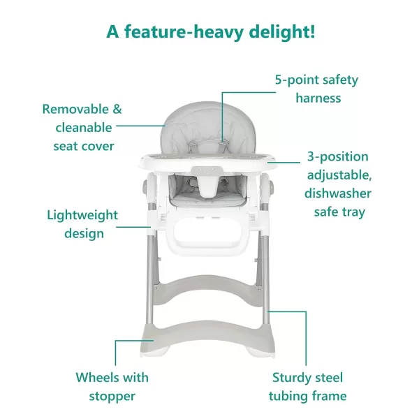 Solid Times High Chair for Babies and Toddlers in Grey, Multiple Recline and Height Positions, Lightweight Portable Baby High Chair, 5 point Safety Harness, Easy to Clean Surface