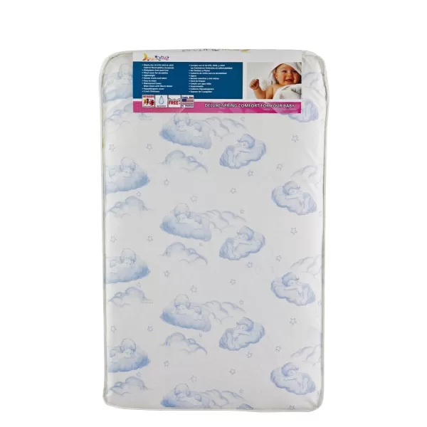 Star-Burst 3' Spring Coil Portable Crib MattressIWaterproofIGreen Guard Gold CertifiedI10 Years Manufacture WarrantyIDual-Sided MattressI Vinyl CoverIMade In The U.S.AIMini Crib Mattress, Crib, White/ Blue