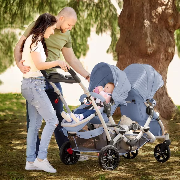 Track Tandem Double Umbrella Stroller in Black &amp; White, Lightweight Double Stroller for Infant and Toddler, Multi-Position Reversible &amp; Reclining Seats, Large Storage Basket and Canopy