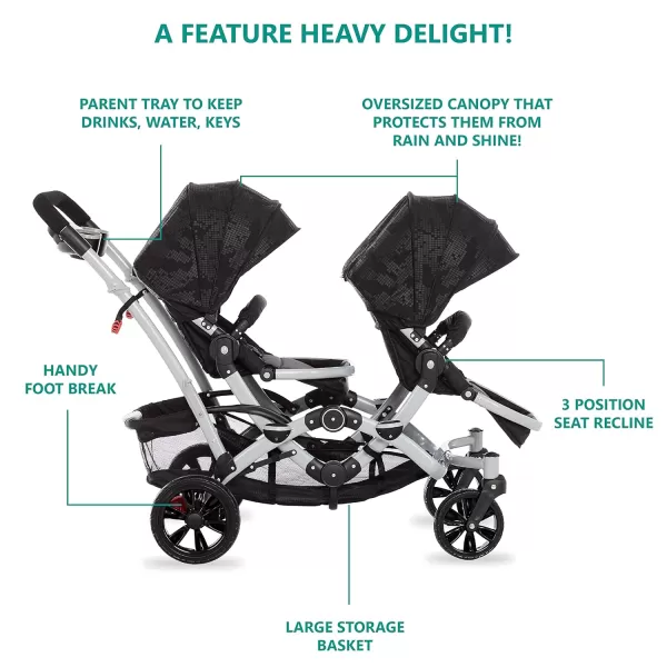 Track Tandem Double Umbrella Stroller in Black &amp; White, Lightweight Double Stroller for Infant and Toddler, Multi-Position Reversible &amp; Reclining Seats, Large Storage Basket and Canopy