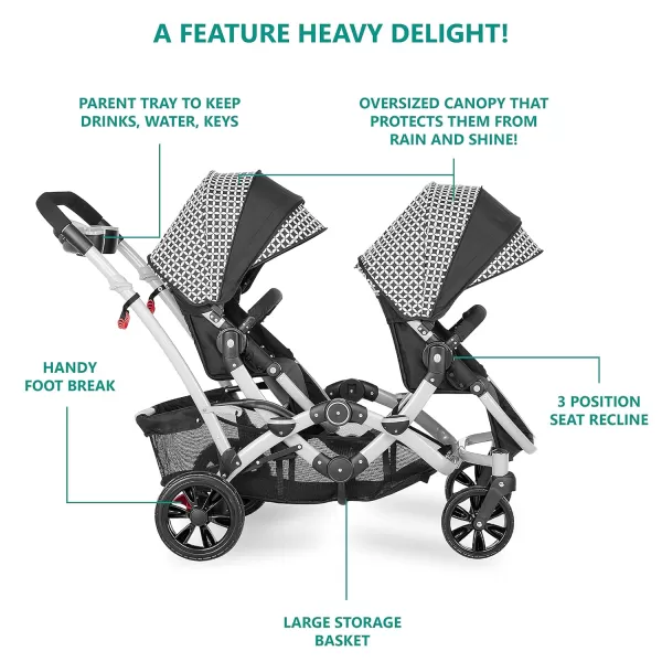 Track Tandem Double Umbrella Stroller in Black &amp; White, Lightweight Double Stroller for Infant and Toddler, Multi-Position Reversible &amp; Reclining Seats, Large Storage Basket and Canopy