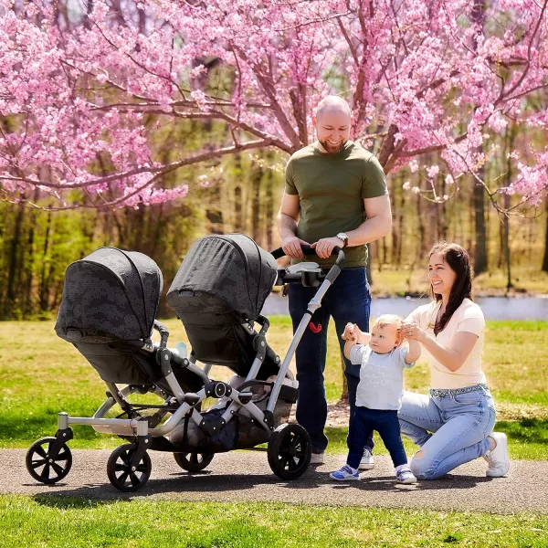 Track Tandem Double Umbrella Stroller in Black &amp; White, Lightweight Double Stroller for Infant and Toddler, Multi-Position Reversible &amp; Reclining Seats, Large Storage Basket and Canopy