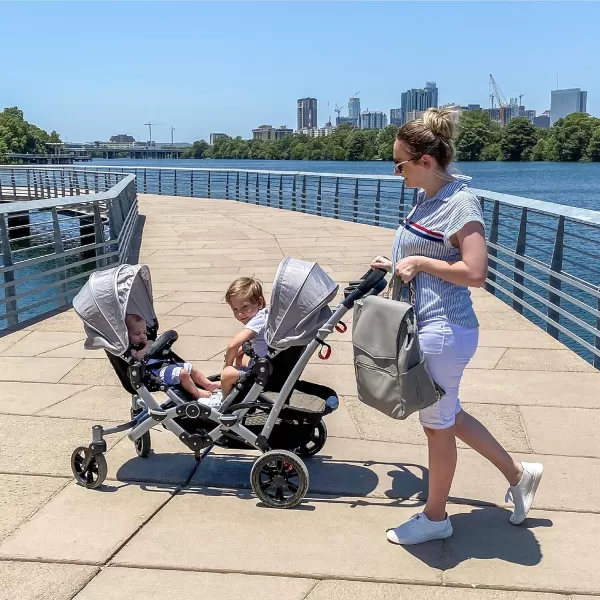 Track Tandem Double Umbrella Stroller in Black &amp; White, Lightweight Double Stroller for Infant and Toddler, Multi-Position Reversible &amp; Reclining Seats, Large Storage Basket and Canopy