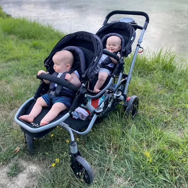 Track Tandem Double Umbrella Stroller in Black &amp; White, Lightweight Double Stroller for Infant and Toddler, Multi-Position Reversible &amp; Reclining Seats, Large Storage Basket and Canopy