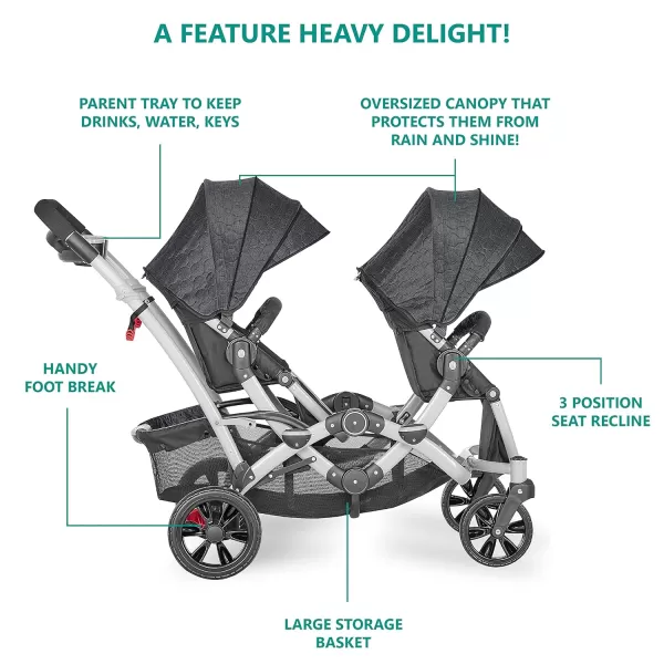 Track Tandem Double Umbrella Stroller in Black &amp; White, Lightweight Double Stroller for Infant and Toddler, Multi-Position Reversible &amp; Reclining Seats, Large Storage Basket and Canopy