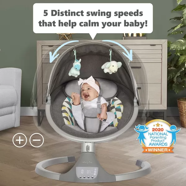 Zazu Baby Swing, Baby Swing for Infant, 5 - Swinging Speed, Two Attached Toys, Bluetooth Enabled and Remote Control, Grey and Blue