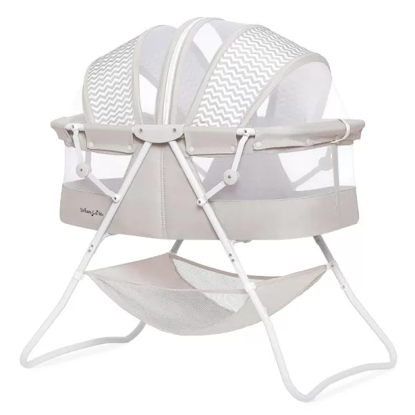 Karley Bassinet in Cool Grey, Lightweight Portable Baby Bassinet, Quick Fold and Easy to Carry , Adjustable Double Canopy, Indoor and Outdoor Bassinet with Large Storage Basket.