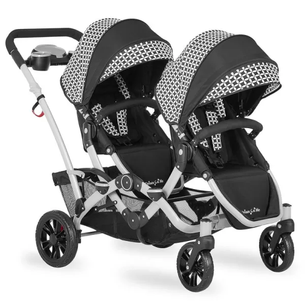 Track Tandem Double Umbrella Stroller in Black &amp; White, Lightweight Double Stroller for Infant and Toddler, Multi-Position Reversible &amp; Reclining Seats, Large Storage Basket and Canopy