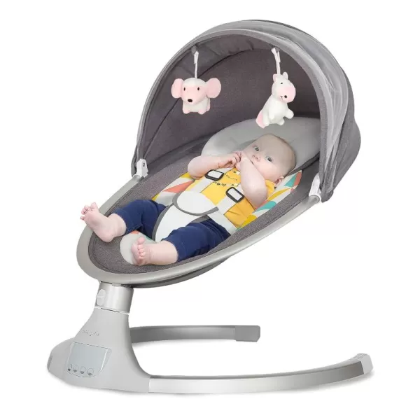 Zazu Baby Swing, Baby Swing for Infant, 5 - Swinging Speed, Two Attached Toys, Bluetooth Enabled and Remote Control, Grey and Blue