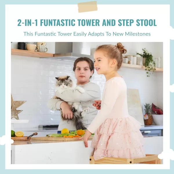 2-in-1 Funtastic Tower and Step Stool, Easy to Assemble, Multi-Purpose Stool with Non-Toxic Paint Finish, Made of Solid Pinewood, White