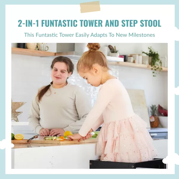 2-in-1 Funtastic Tower and Step Stool, Easy to Assemble, Multi-Purpose Stool with Non-Toxic Paint Finish, Made of Solid Pinewood, White