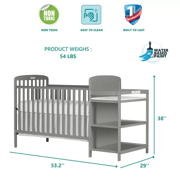 Anna 3-in-1 Full-Size Crib and Changing Table Combo in Steel Grey, Greenguard Gold Certified, Non-Toxic Finishes, Includes 1" Changing Pad, Wooden Nursery Furniture