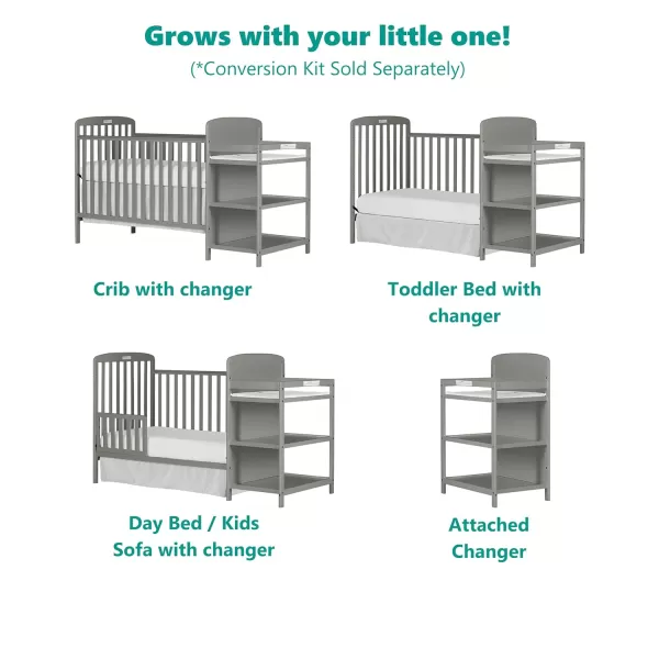 Anna 3-in-1 Full-Size Crib and Changing Table Combo in Steel Grey, Greenguard Gold Certified, Non-Toxic Finishes, Includes 1" Changing Pad, Wooden Nursery Furniture